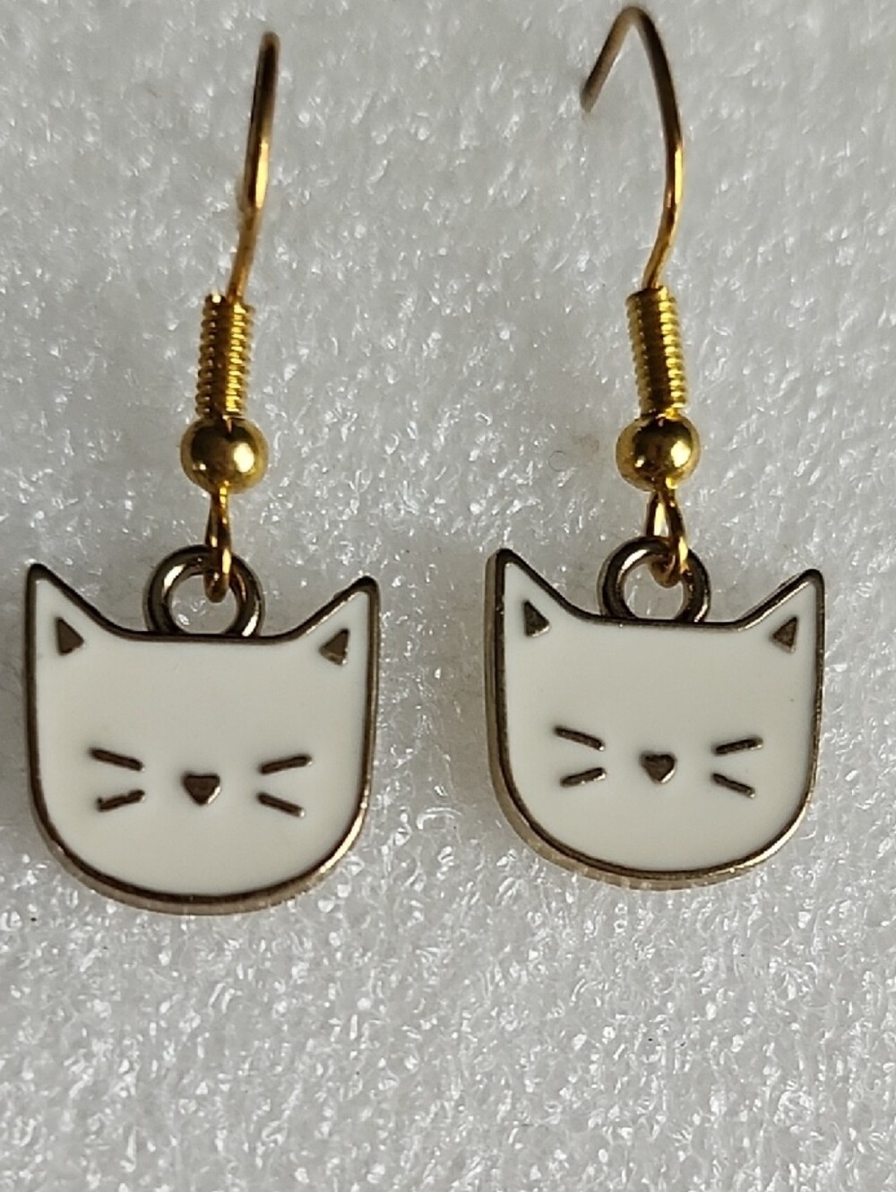 Hand Crafted White Cat Face Earrings with Gold Hooks